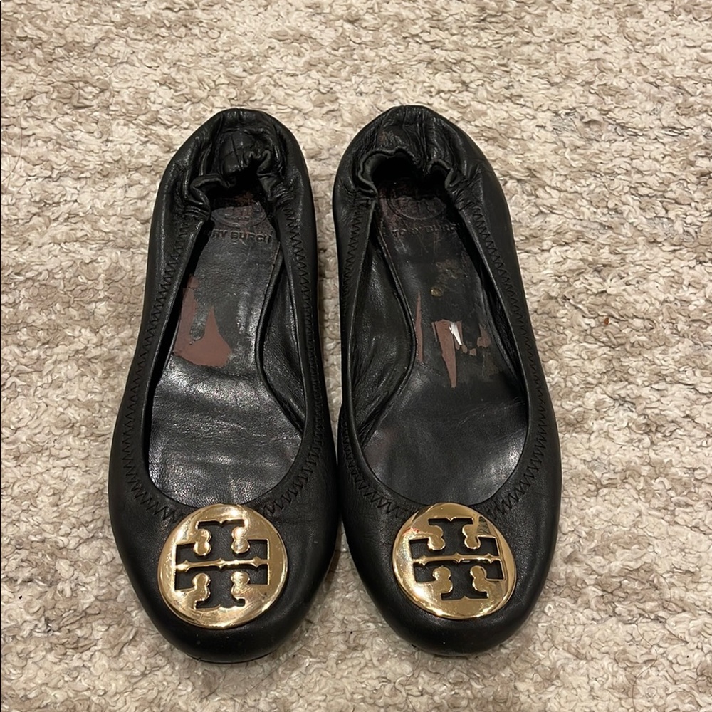 Tory Burch Black Ballet Flats with Gold Logo Size 8